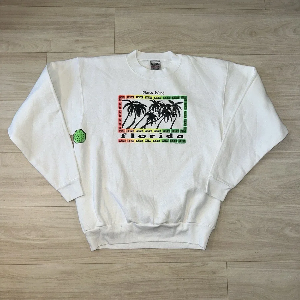 Vtg Marco Island Florida USA Crewneck‎ Sweater XL Graphic White Palm Tree Tropic